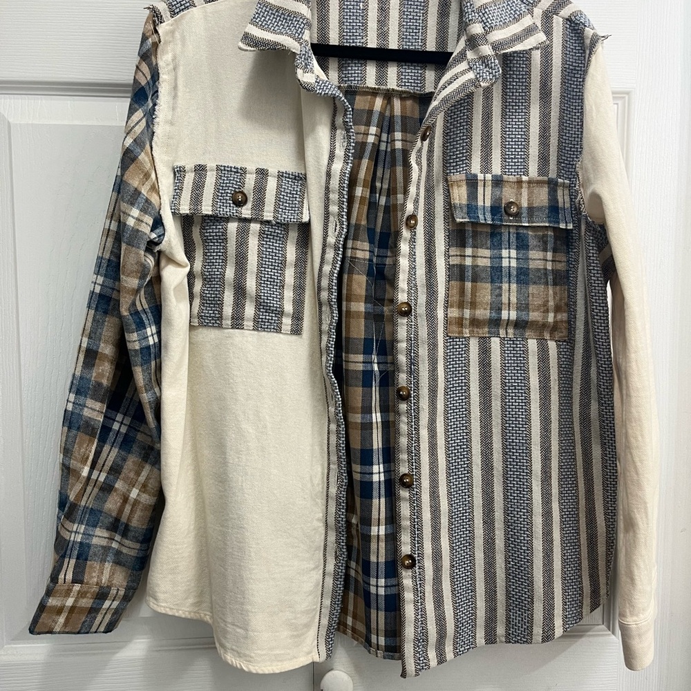 Striped and Plaid Button-Up Shirt